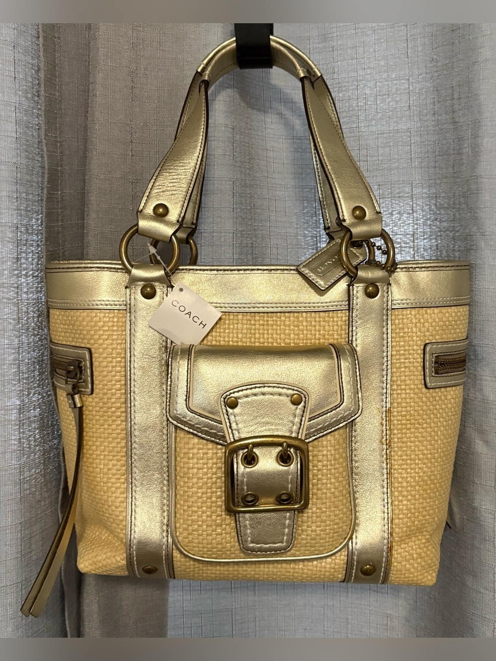 Vintage Coach Legacy Straw & Gold Leather Tote Bag NWT Style 113 Y2K